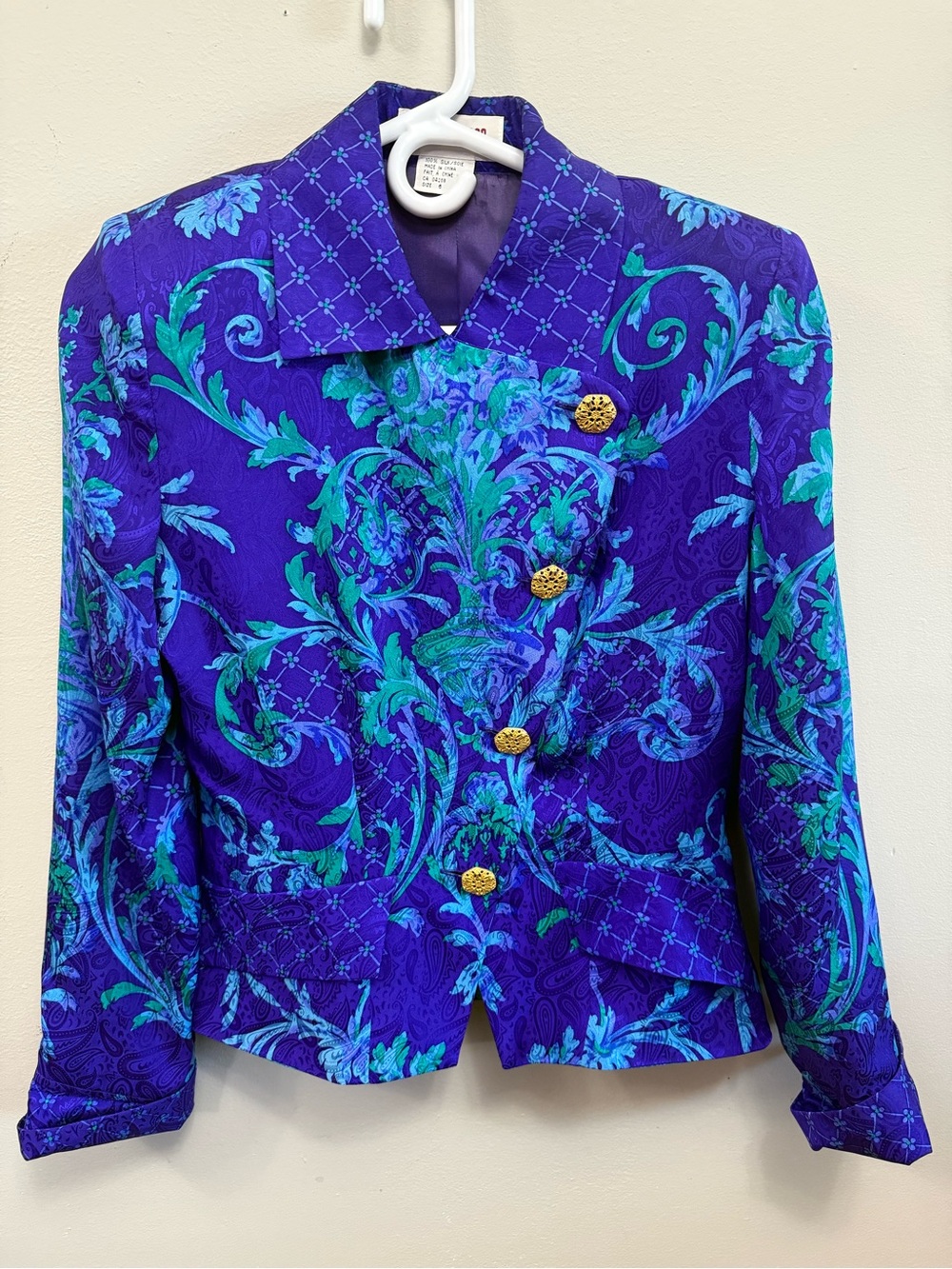 Vintage Maggie London 100% Silk Women's Purple & Teal Printed Blazer Size 6